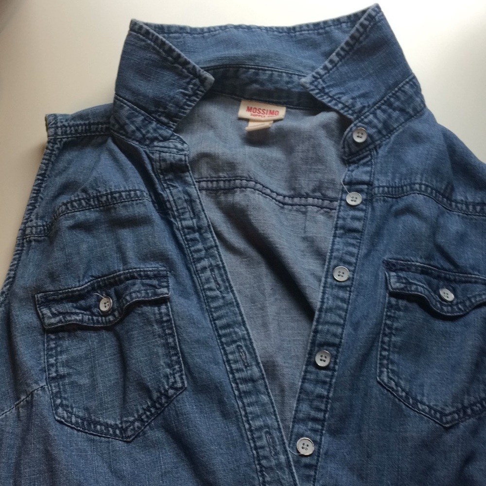 Denim sleeveless shirt dress with drawstring waist